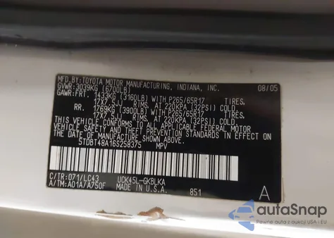 2006 Toyota Sequoia Limited V8 z USA, uszkodzony, nr VIN 5TDBT48A16S258375